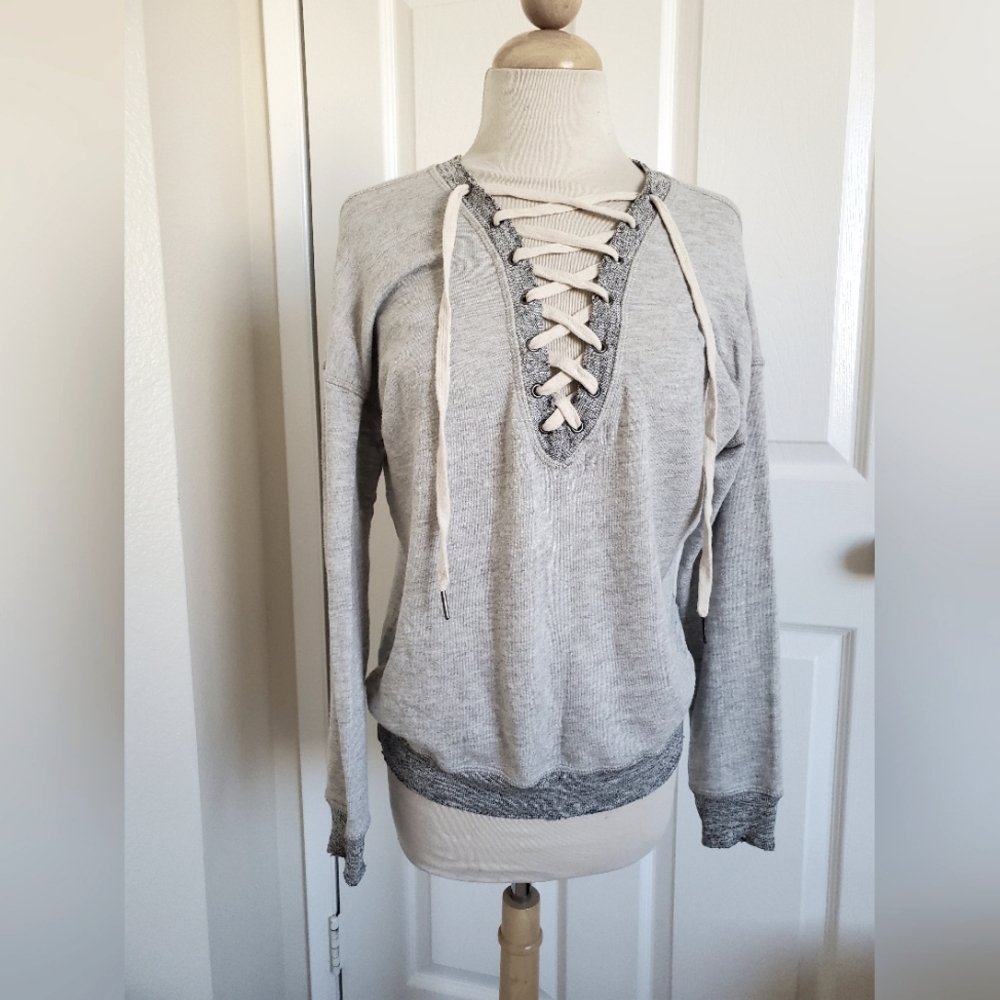 Distressed Gray Cotton Lace-Up Women's V Neck Sweater Size XS n.Philantropy